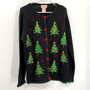 Vintage Satin Christmas Tree Embroidered Sweater sz Large